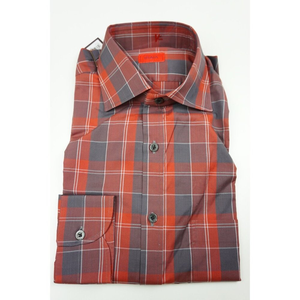 Isaia Cherry Red Slate Plaid Long Sleeve Cotton Dress Shirt 15.5/39 NEW